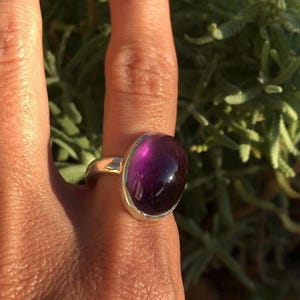 K&ouml;nnte beinhalten: Ein Silberring mit einem gro&szlig;en, ovalen, tiefvioletten Edelstein. Der polierte Edelstein hat eine gl&auml;nzende Oberfl&auml;che. Der Ring ist vor gr&uuml;nem Laub platziert, wobei Sonnenlicht die Merkmale des Rings hervorhebt.