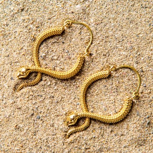 Könnte beinhalten: Ein Paar goldene Schlangen-Creolen. Die Ohrringe bestehen aus einem dünnen, gewickelten Draht, der die Form einer Schlange hat. Der Kopf der Schlange befindet sich oben am Creolenring, der Schwanz unten.