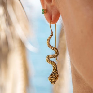 Golden snake earrings, long snake earrings, sterling brass earrings, serpent earrings, kundalini, yoga, shiva earrings, kap, animal earrings