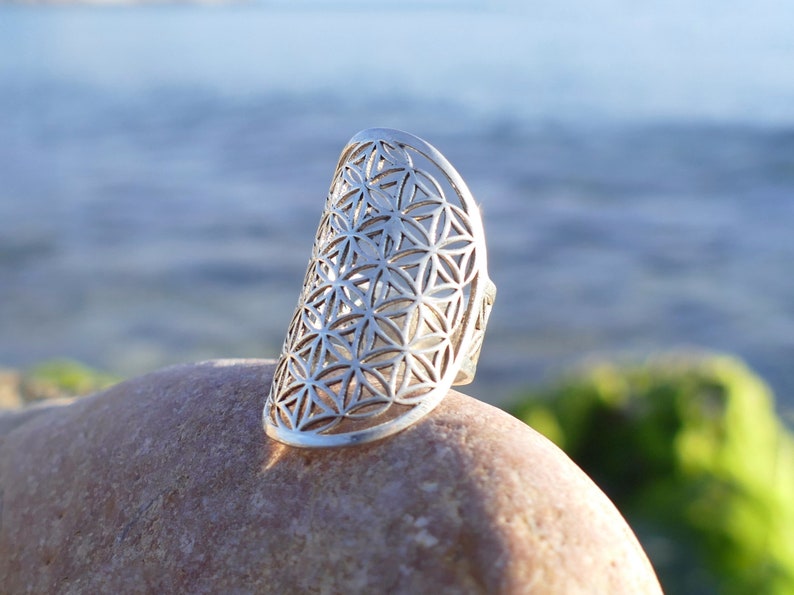 silver ring, sterling silver ring, flower of life silver ring, flower of life ring, silver ring for woman, geometry ring, sacred geometry image 2