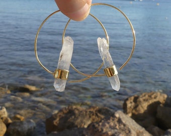 Crystal earrings, quartz earring, brass crystal earring, hoops with quartz, earring with crystal, crystal hoops, quartz hoops, magic earring