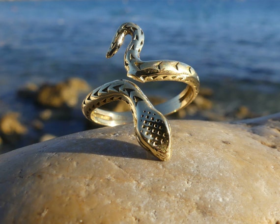 Handmade Double Ouroboros Snake Ring with Onyx in Brass or Silver