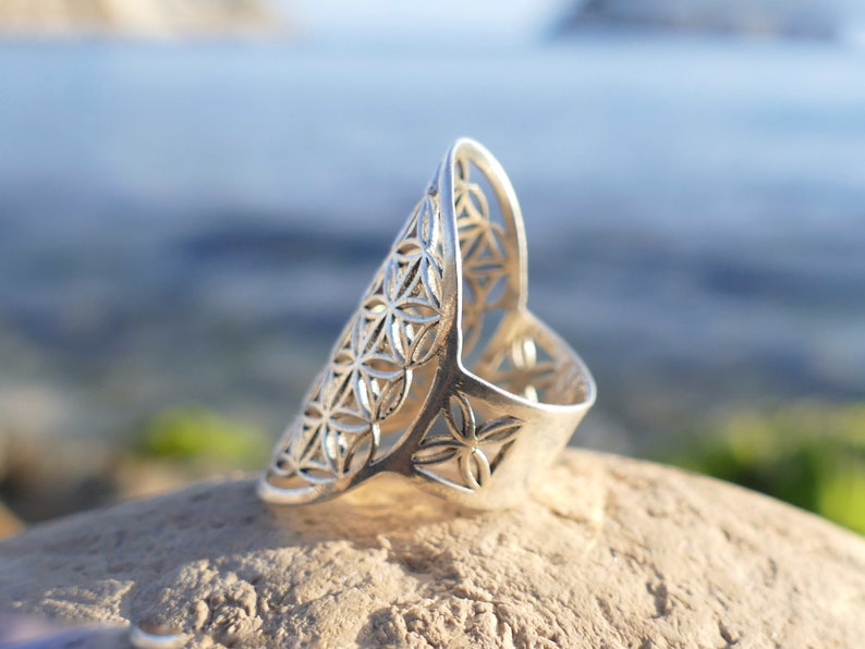 silver ring, sterling silver ring, flower of life silver ring, flower of life ring, silver ring for woman, geometry ring, sacred geometry image 1