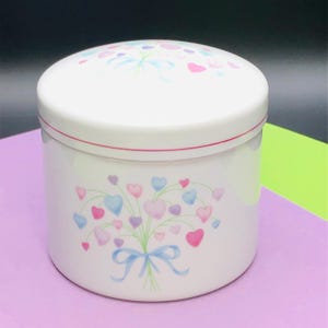 80s FTDA Pastel Heart Blue Ribbon Bouquet Porcelain Canister Candy Jar, Vintage Bathroom Vanity Box, Nostalgic Coquette Love Friendship Gift