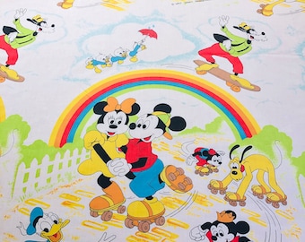 Sábana plana vintage de Mickey y Minnie Mouse para cama individual: textil retro de Disney