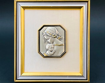 60s Mother Madonna and Child Cameo Framed Art, 925 Sterling Silver Bas Relief, Creazioni Artistche Italian Fine Arts, Free Standing Ornament