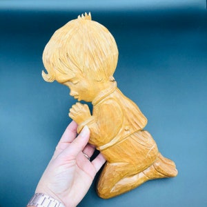 Vintage Hand carved Praying Child Nursery Wood Wall Hanging Plaque, 70s Canada Artisan Religious Folk Art, Rustic Primitive, Retro Kitsch
