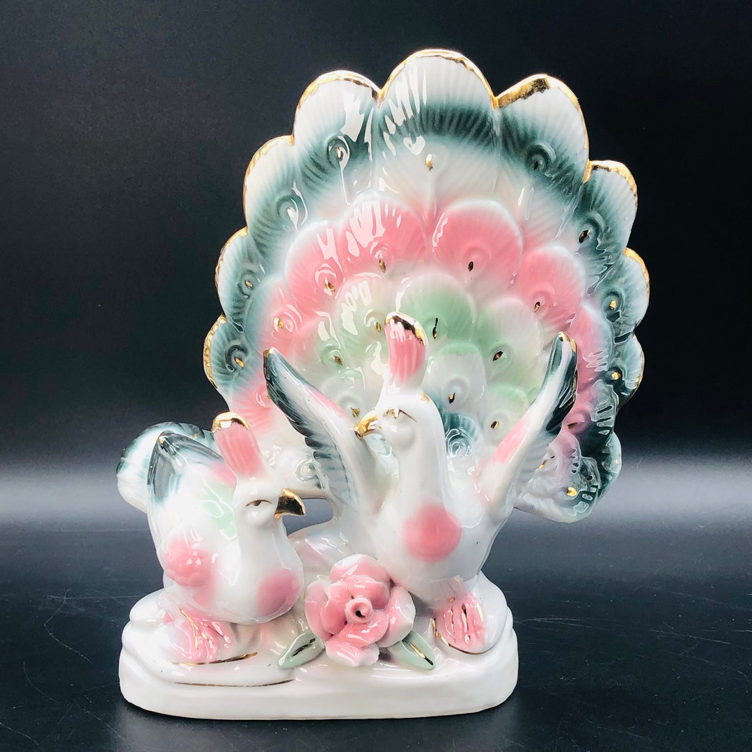 80s Fan Tail Peacock Porcelain Figurine, Rococo Revival Birds Statuette