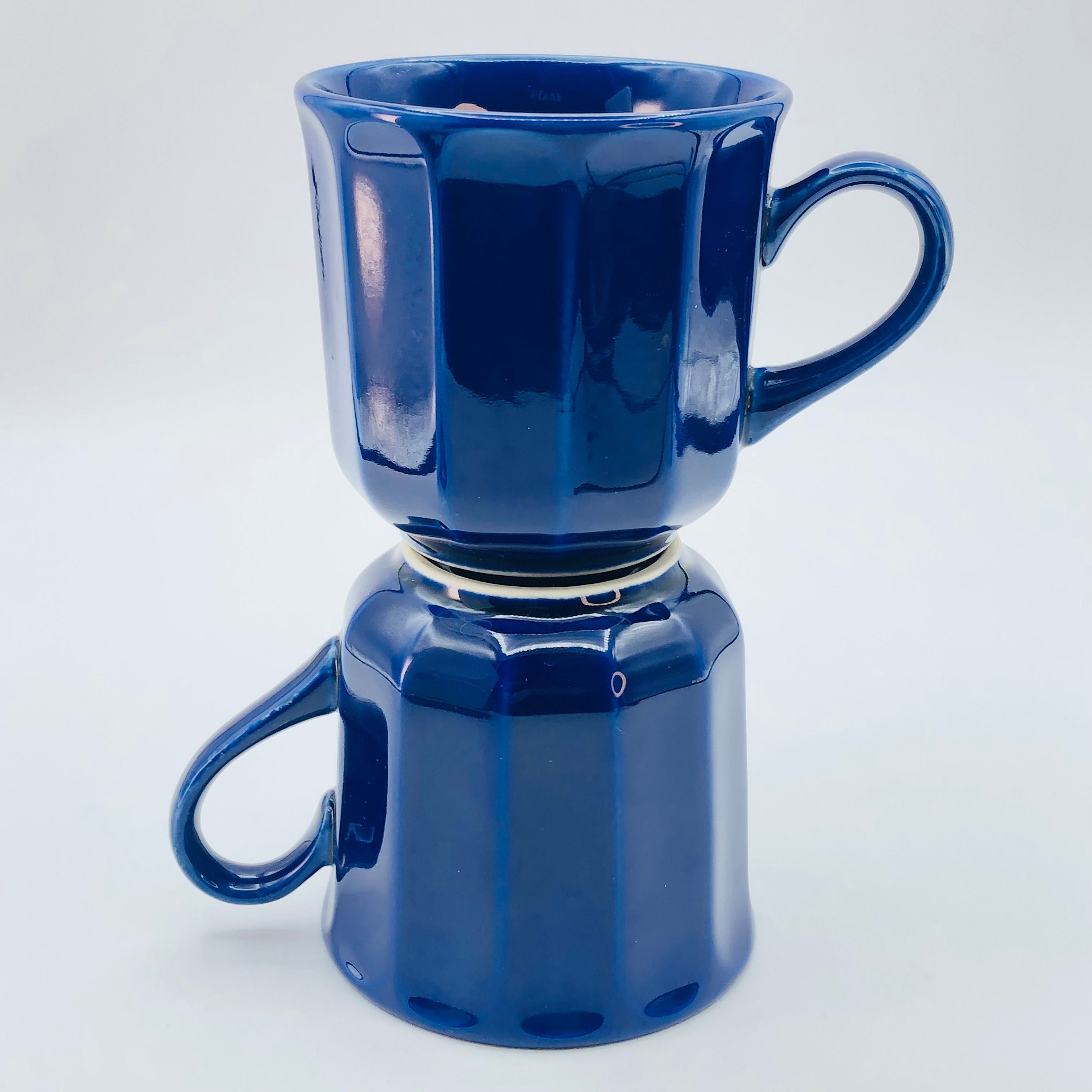 80s Cobalt Blue Ironstone Coffee Mug, SET of 2, CHEQUERS