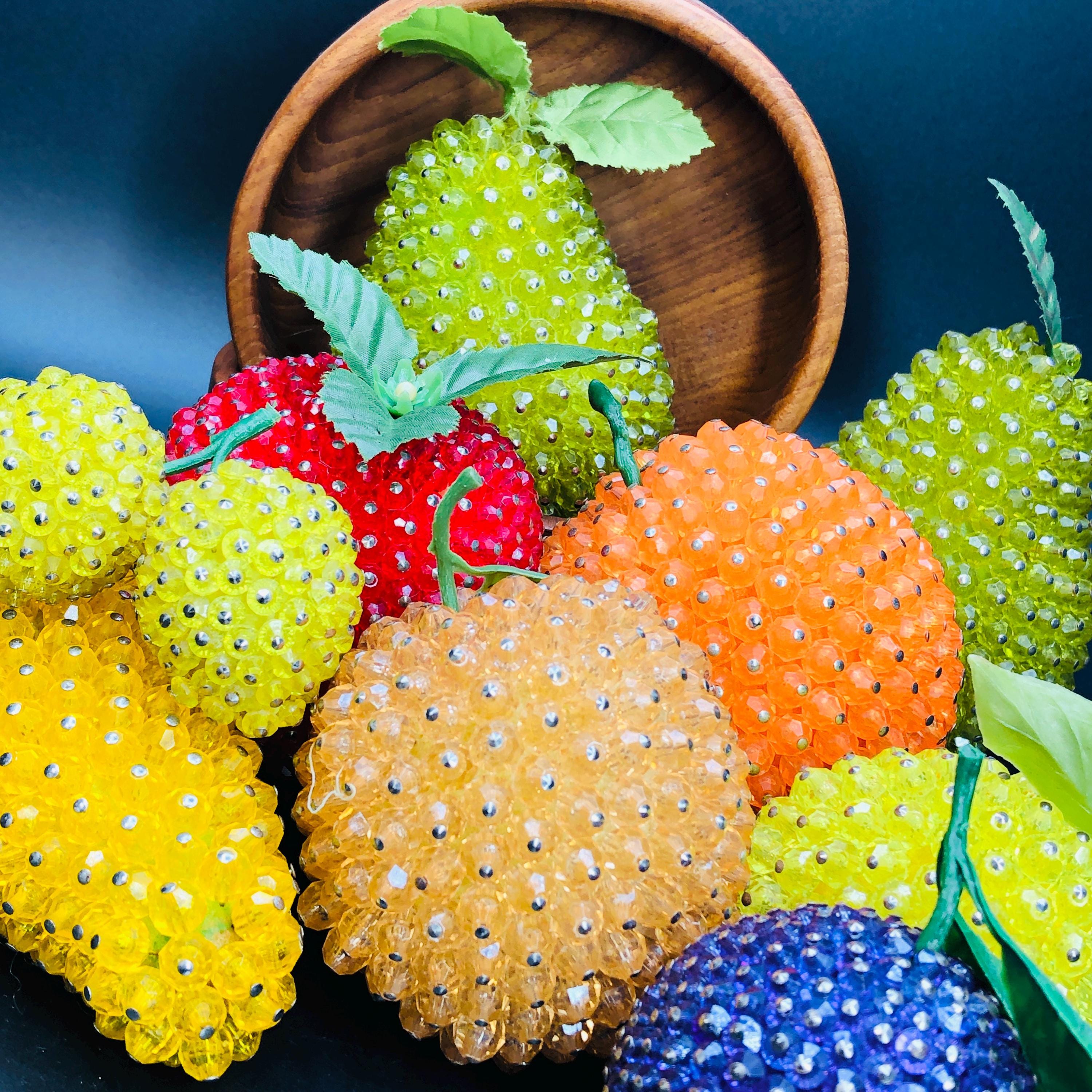 50s Beaded Faux Fruit -CHOICE- Midcentury Kitsch Tutti Frutti Decor, Vintage Push Pin Craft Orange Pear Apple Peach Lemon Strawberries, Gift