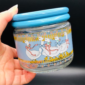 80s Country Mother Goose Ribbon Bow Glass Jar Blue Plastic Lid, Vintage Countertop Canister, Modern Farmhouse Kitchenware, Retro Nostalgia