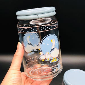 80s Country Mother Goose Duck Glass Jar Glacier Blue Plastic Lid - CHOICE small/tall- Vintage Countertop Canister, Modern Farmhouse Kitchen