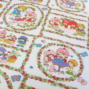 1980 Strawberry Shortcake Garden Patch TWIN Bed FLAT & FITTED Sheet Set, GenX Pop Culture Cartoon Characters Bedding, Esmond Textiles