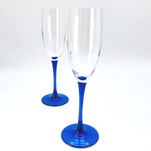 Vintage 80s Luminarc FRANCE Champagne Flutes – Blue Stem Barware, Set of 2