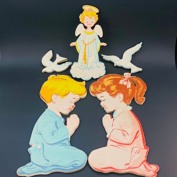 50s Nursery Decor, Vintage Dolly Toy Co Pressed Cardboard Wall Hangings, Praying Boy and Girl with Angel and Birds Set, Kitsch Wall Plaques