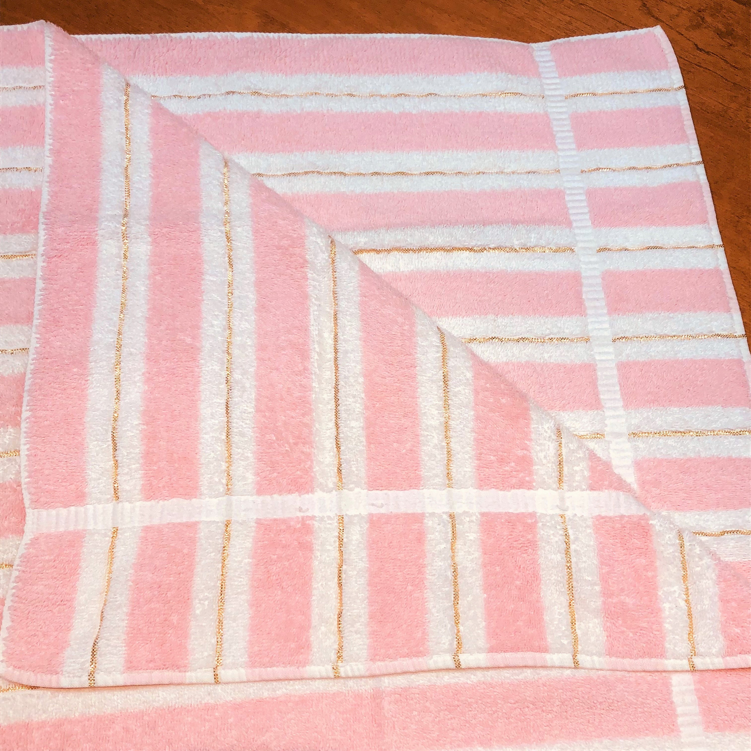 Vintage Fieldcrest Bath Towel, 70s Bathroom, Pink Stripe Gold Thread,  Regencycore, Shabby Chic Accent, Head Hair Towel, Cotton, Princess 