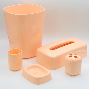 Vintage Pastel Peach Bathroom Vanity Accessory 5 Pcs SET, Midcentury Kitsch Trash Bin Tissue Box Cover Toothbrush Holder Cup Soap Dish