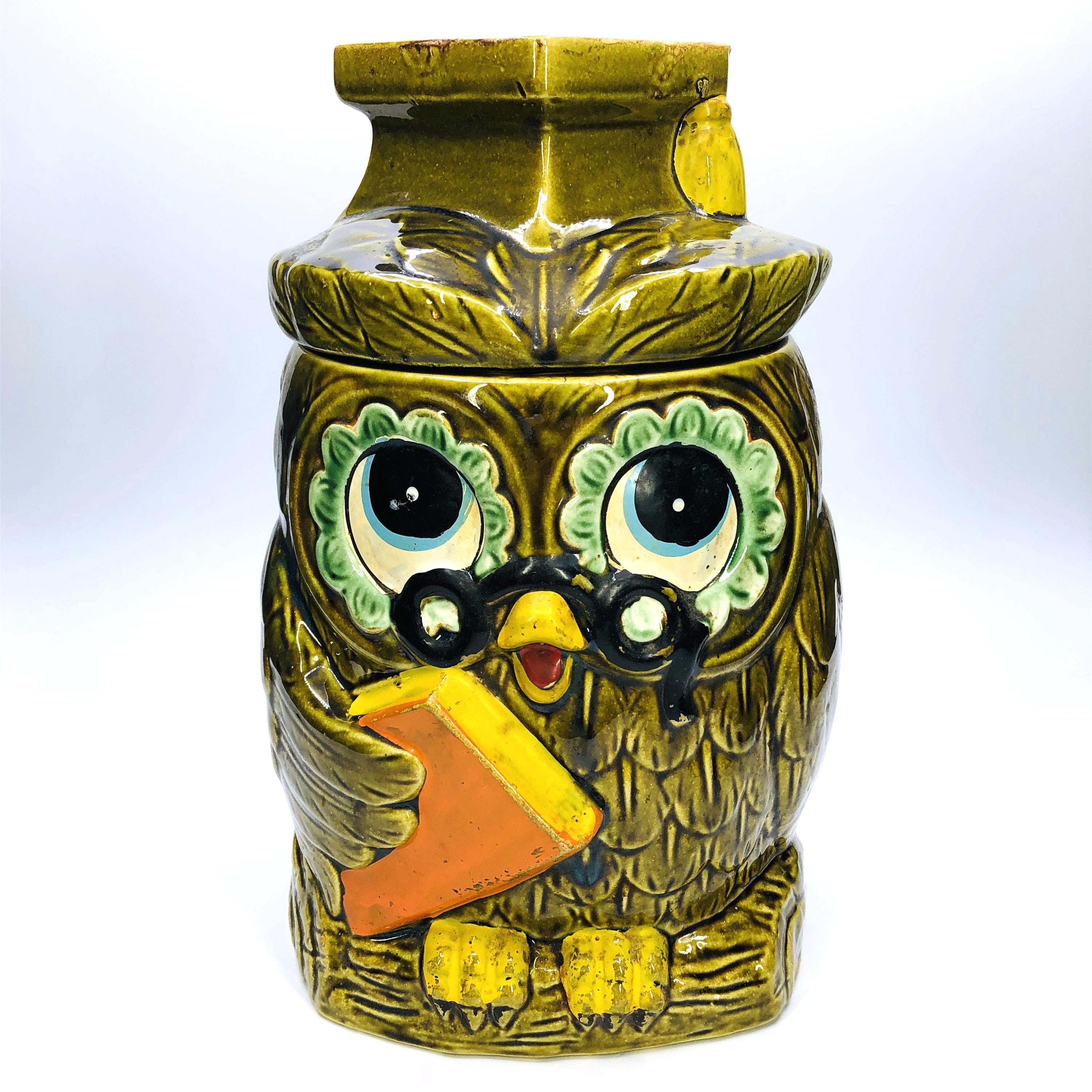 Vintage 60s Wise Owl Cookie Jar: Mid-Century Kitsch Ceramic Countertop Canister - Sweets Treats Container