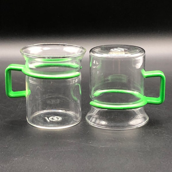 80s Bodum Coffee Cups PAIR, Vintage Bodum French Bistro Clear Glass Mug, Picard Cup, Retro Kelly Green Handles, Bodum Denmark Primary Color