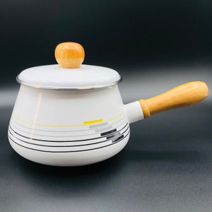 Vintage 80s White Enamel Fondue Pot: Wood Handle Knob, Postmodern Black Gray Yellow Stripes