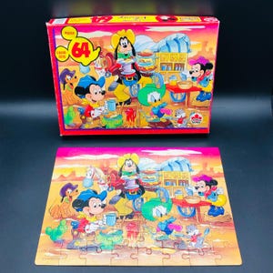 90s Mickey Mouse Original Crew Western Breakfast Puzzle 64 piece COMPLETE, Vintage Walt Disney Character, Colorful Retro Toy, Cowboy Cookout