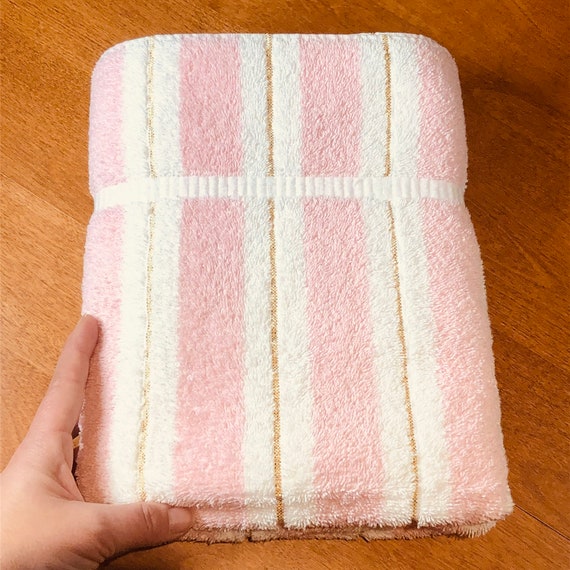 Vintage Fieldcrest Bath Towel, 70s Bathroom, Pink Stripe Gold Thread,  Regencycore, Shabby Chic Accent, Head Hair Towel, Cotton, Princess 