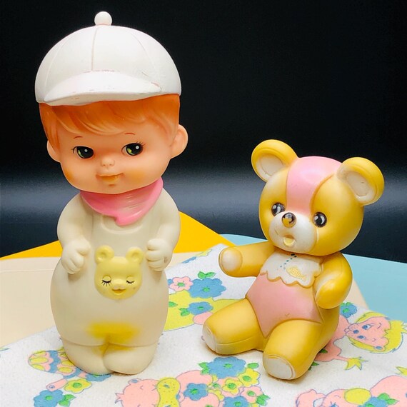 Vintage 60s Kitsch Squeaky Toy Lot – Boy, Teddy Bear, Baby Blanket