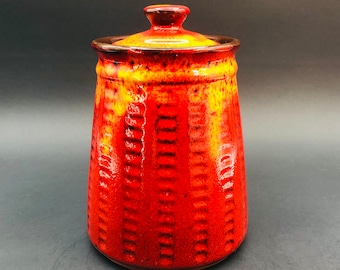 70s Art Pottery Red Orange Drip Glaze Canister, Jacques Garnier Estriceram Canada Pottery, Groovy Earthenware Red Clay Coffee Tea Sugar Jar