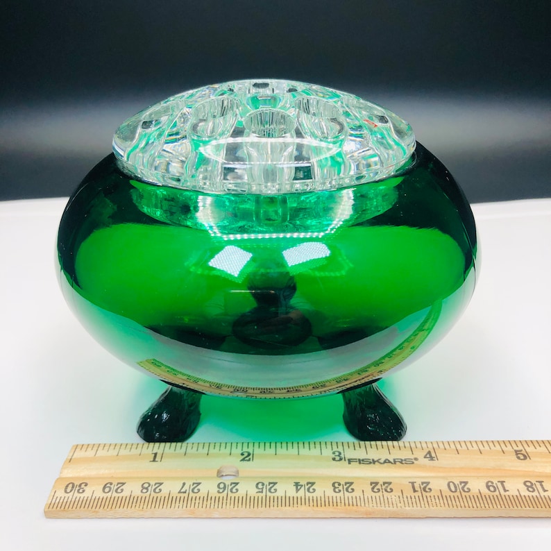 50s VIKING Glass Translucent Evergreen Tree Bark Feet Flowerlite Bowl 549 UV Glow Candle Holder Flower Frog, Emerald Green 3 Toed Rose Bowl image 9