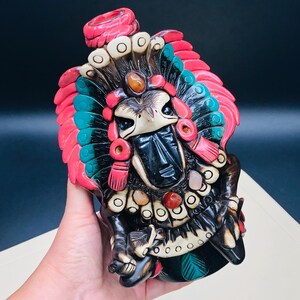 80s Mayan Aztec Inca Revival Sun Warrior Bottle Decanter, Obsidian Onyx Gemstone Mexican Folk Art Mystical Figure, Man Cave Collectible Gift