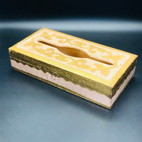 60s Blush Pink Gold Italy Florentine Tissue Box, Hand Carved Wood Hand Painted Hinged Box, Ornate Vanity Accessory, Regency Palatial Kitsch