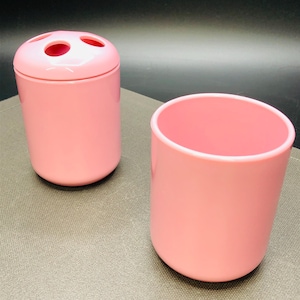 80s TEA ROSE Dusty Pink Bathroom Vanity Accessory Set, Midcentury Pastel Kitsch Hard Plastic Utility Kit, Vintage Toothbrush Holder Cup