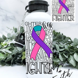 May include: White water bottle with a black lid and a silver carabiner. The bottle has a design of a purple and pink ribbon with the word "Fighter" repeated many times in black.