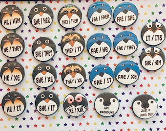 Pronoun Penguin Pinback Buttons MADE TO ORDER