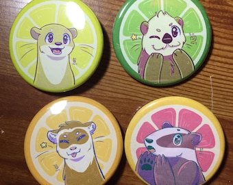 Citrus Animal Pinback Buttons: Otter, Ferret, Badger - Made To Order