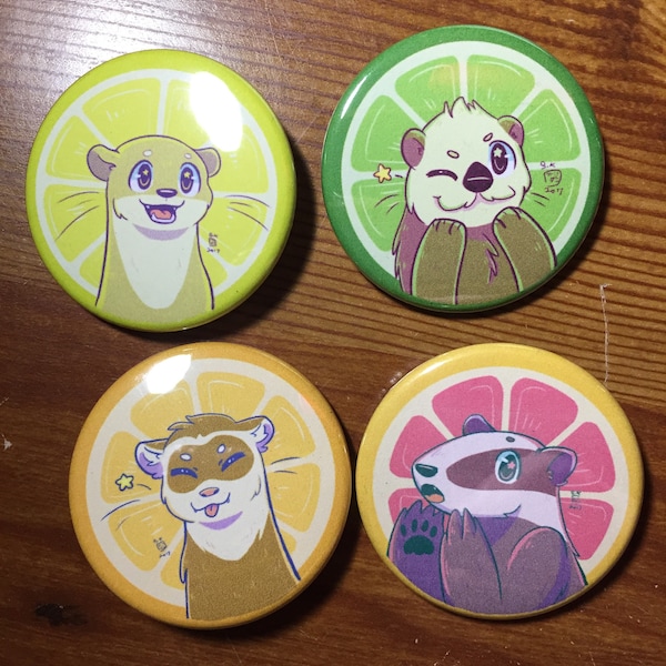 Citrus Mustelidae Pinback Buttons - Cute Otter, Ferret and Badger MADE TO ORDER