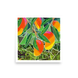 Impresión de mango: collage de revistas recicladas / Arte mural de frutas tropicales / Decoración ecológica para la cocina / Póster botánico de verano