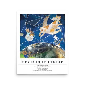 Arte de una vaca saltando sobre la luna: collage de revistas recicladas, lámina de rima infantil ecológica, decoración caprichosa para habitación de bebé y póster de cuentos.