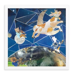 cow jumped over the moon framed nursery print | hey diddle diddle nursery rhyme art for gender neutral baby shower