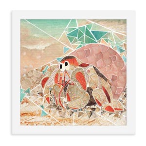 Arte mural de cangrejos: collage reciclado enmarcado / Lámina de cangrejo ermitaño / Decoración costera para cocinas / Póster con el núcleo del crustáceo oceánico