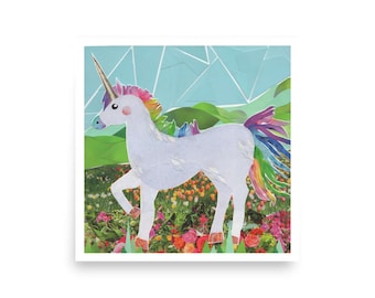 Regenbogen Einhorn Giclée Print | Handgemachte Collage Kunst