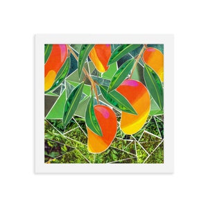 Arte mural de mango: Impresión de collage de frutas enmarcadas / Decoración de cocina tropical / Obra de arte con revistas recicladas / Póster vibrante de frutas de verano
