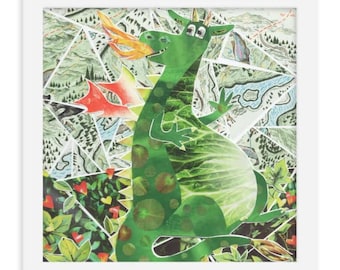 Stampa artistica incorniciata con drago verde per cameretta dei bambini / collage fatto a mano