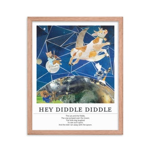 cow jumped over the moon framed nursery rhymes art | hey diddle diddle nursery rhyme art for gender neutral baby shower | cow nursery decor