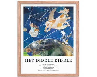 cow jumped over the moon framed nursery rhymes art | hey diddle diddle nursery rhyme art for gender neutral baby shower | cow nursery decor