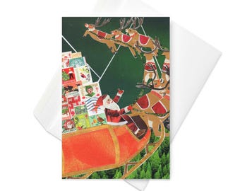 May include: A Christmas card featuring Santa Claus in a red sleigh pulled by reindeer, carrying gifts. The card has a vintage collage style with a green forest background and is inside a white envelope.