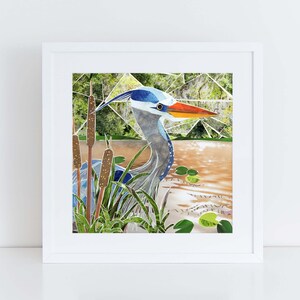 Stampa di airone azzurro - Collage di uccelli riciclati / Decorazione murale di fauna selvatica delle zone umide / Poster naturalistico ecologico