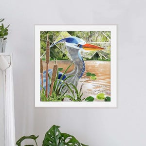 Airone azzurro - Collage riciclato incorniciato / Stampa murale di uccelli / Decorazione della fauna selvatica di palude / Regalo ecologico per gli amanti della natura