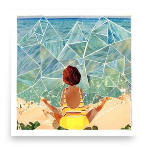 Impresión "Bliss Beach" - Collage de revistas recicladas / Arte mural colorido del océano / Decoración costera / Póster de playa tropical de verano