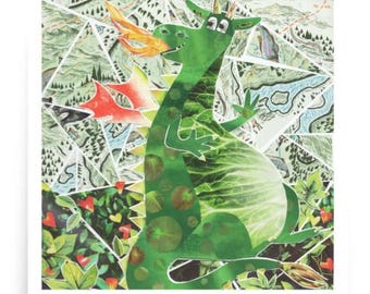 Groene drakenkwekerijprint | Handgemaakte collagekunst